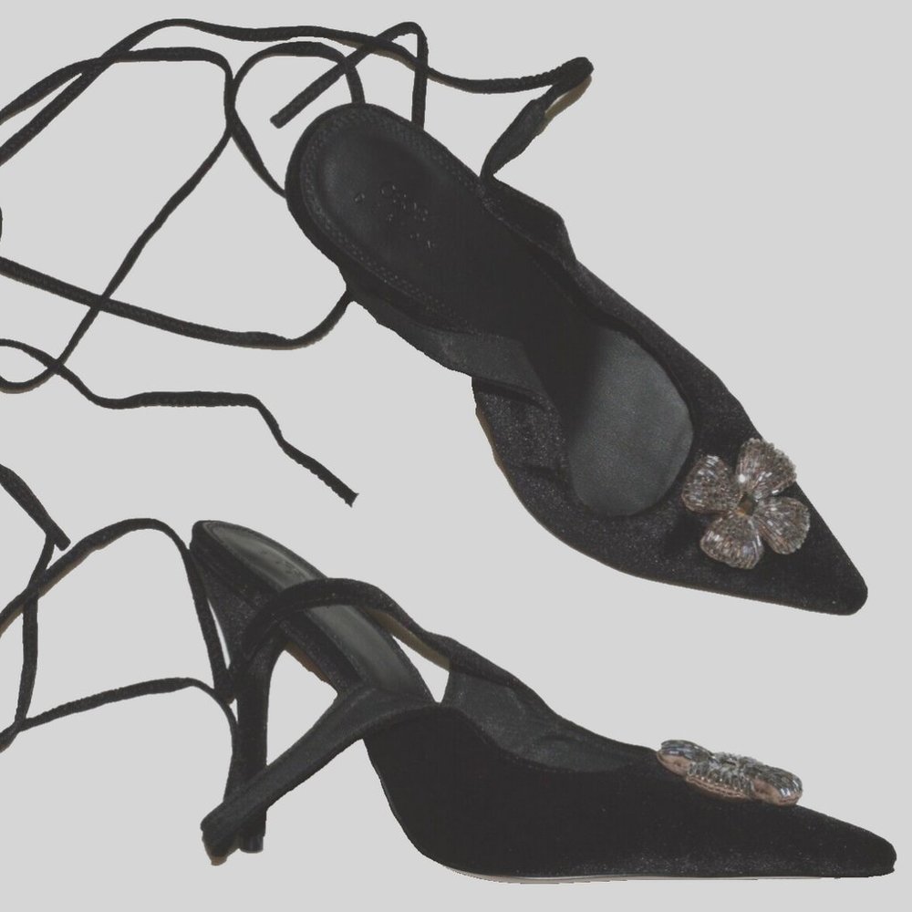 ASOS PEONY TIE LEG EMBELLISHED BOW HIGH HEELS NEW NIB 9 M BLACK VELVET SHOES